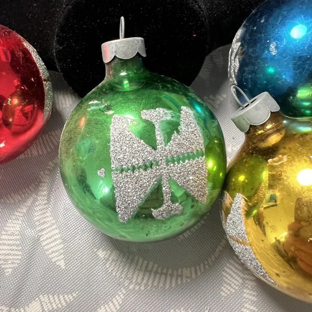 Vintage‎ USA MADE Mercury Glass Christmas Ornaments Stencil Glitter Lot 4